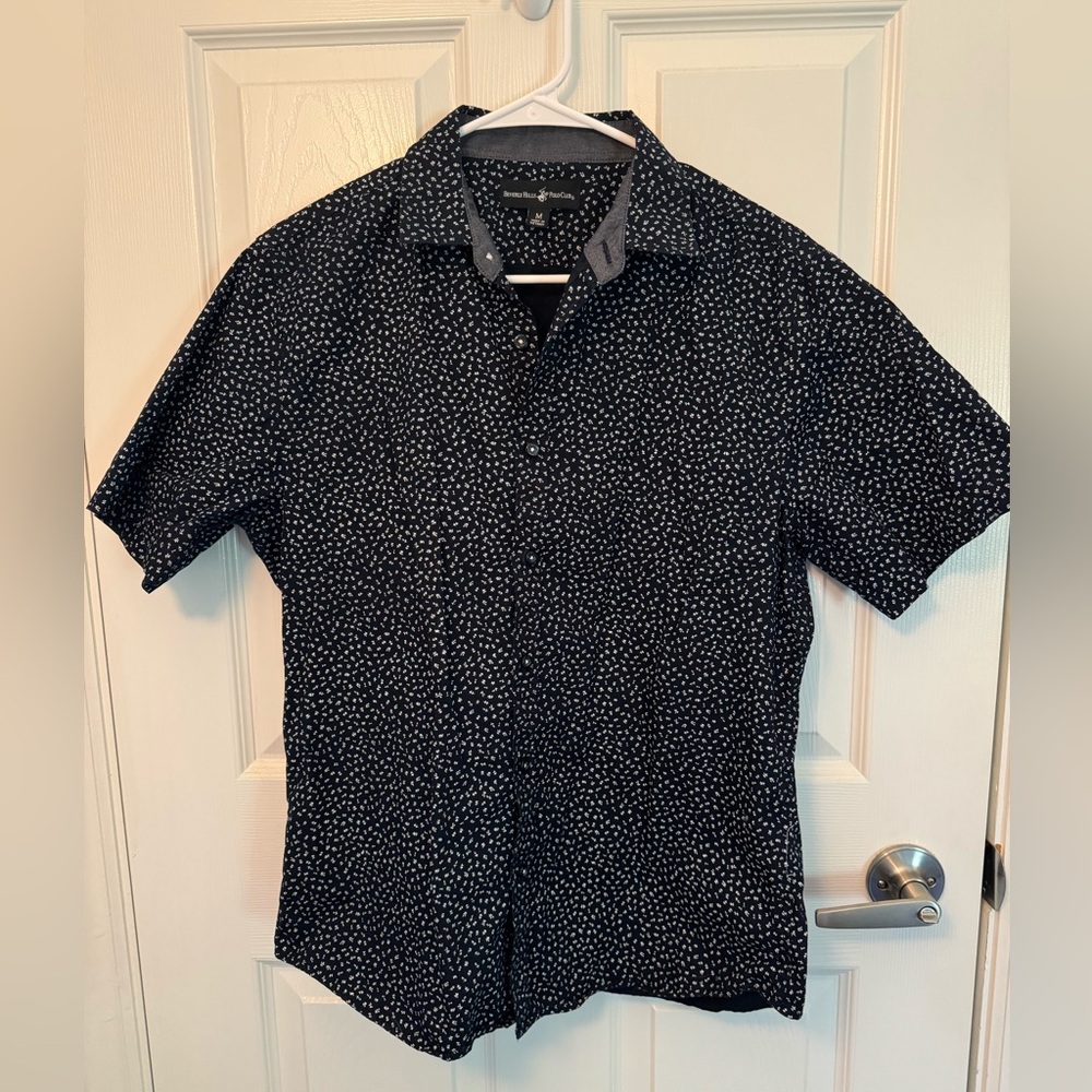 Beverly Hills Polo Club Men’s Button Down, Short Sleeve, Navy, Floral Pattern